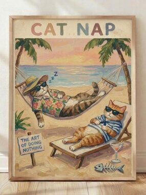 Cat Nap Art Of Doing Nothing Beach Retro Home Decor Wall Print Poster Kitten